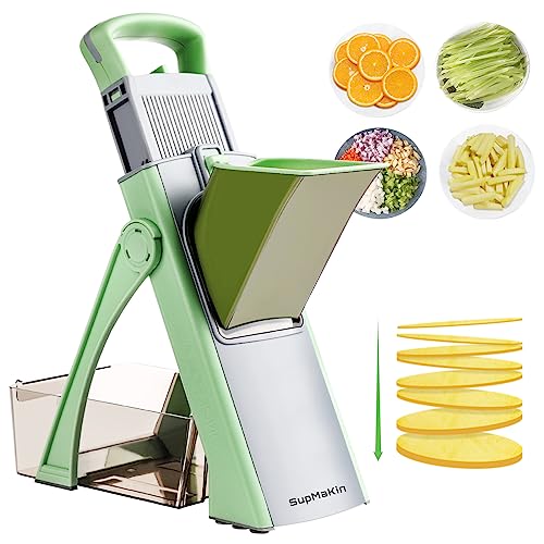Upgrade Safe Mandoline Slicer for Kitchen, SupMaKin Bigger Entrance Vegetable Food Slice Potato Slicer Chopper, Adjustable Thickness Multi Mandolin, Julienne + Dicer Kitchen Must Haves Matcha green