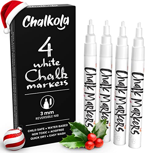 White Chalk Markers Fine Tip (4 Pack 3mm) - Wet & Dry Erase Chalk Pens for Blackboard, Chalkboards, Windows, Signs, Glass, Bistro - 3mm Reversible Bullet & Chisel Point