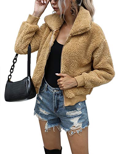 AKEWEI Women's Casual Lapel Fleece Shearling Jacket Cropped Teddy Bear Jacket Zipper Faux Fur Coat