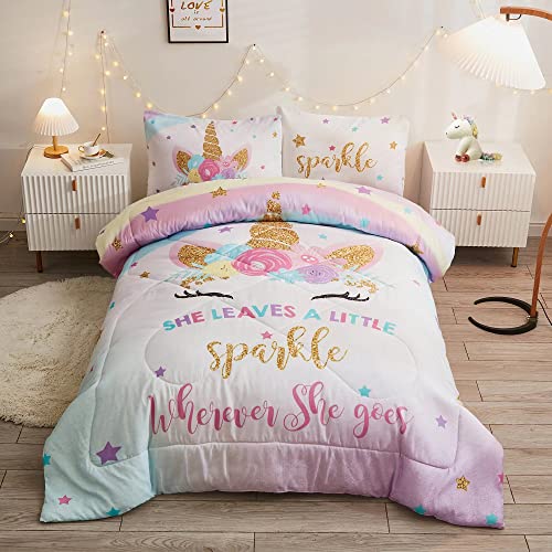 Cokouchyi 3-Piece Twin Beddings Set for Girls, Unicorn Bedding, Unicorn Comforter Set, Ultra Soft and Fluffy Kids, Pink & Rainbow Color