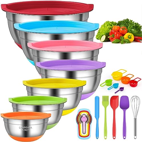 CHAREADA Mixing Bowls with Airtight Lids, 18pcs Stainless Steel Nesting Colorful Mixing Bowls Set Non-slip Silicone Bottom, Size 7, 5.5, 4, 3.5, 2.5, 2, 1.5 qt, Fit for Mixing & Serving