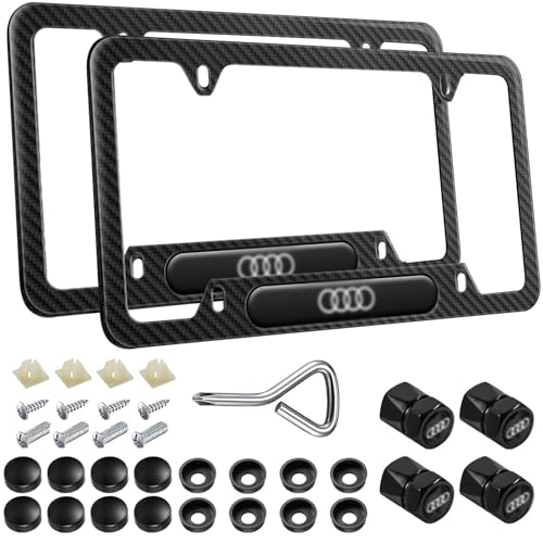 FOTN 2PCS Black License Plate Frames Compatible for Audi, Carbon Fiber License Plate Holder, Premium Aluminum Alloy Weather Proof License Plate Covers with Screw Caps Cover Set Car Accessories