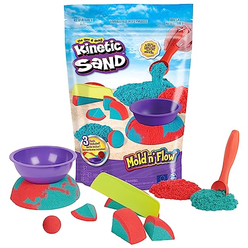 Kinetic Sand Mold n’ Flow, 1.5lbs Red and Teal Play Sand, 3 Tools Sensory Toys, Stocking Stuffers & Christmas Gifts for Kids Ages 3+