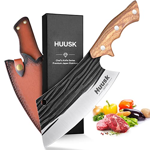Huusk Japan Knife, Butcher Knives for Meat Cutting Hand Forged Meat Cleaver Knife Full Tang Kitchen Knife High Carbon Steel Chef Knives Heavy Duty Butcher Knife for Camping, BBQ Christmas Gifts Idea