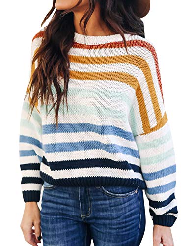 ZESICA Women's 2023 Fall Long Sleeve Crew Neck Striped Color Block Casual Loose Knitted Pullover Sweater Tops,Navy,Medium