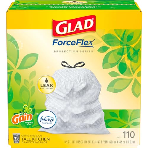 Glad ForceFlex Tall Kitchen Drawstring Trash Bags, 13 Gal, Gain Original, 110 Ct, Pack May Vary