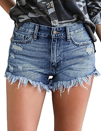 luvamia Women's Casual High Waisted Shorts Frayed Raw Hem Ripped Denim Jean Shorts Nashville Outfits for Women A Blue Size XL