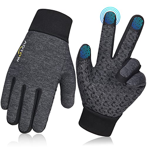 AOTOW Kids Winter Touchscreen Cycling Gloves: Girls Boys Cold Weather Warm Fleece Waterproof Sport Glove Grip Wool Thermal Running Football Mittens Aged 10-12 Children for Riding Gray
