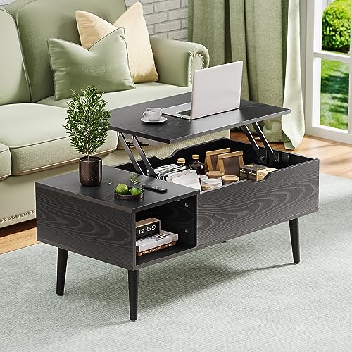 OLIXIS Modern Lift Top Coffee Table Wooden Furniture with Storage Shelf and Hidden Compartment for Living Room Office, Black