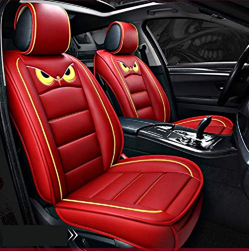 Ptowl Cartoon Full Set Universal Fit 5 Seats Car Surrounded Waterproof Leather Car Seat Covers Protector Adjustable Removable Auto Seat Cushions (RED)