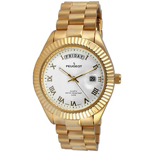 Peugeot 14K All Gold-Plated Day Date Roman Numeral Stainless Steel White Big Face Fluted Bezel Luxury Watch 1029WT
