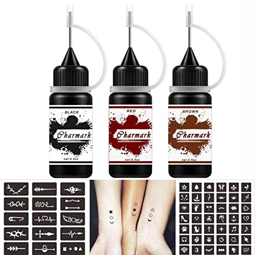 Charmark Jagua Gel Temporary Kit for Women Men Kids, Semi Permanent Ink Summer Trend Art Painting DIY Fake Freckles 84 Pcs Stencils - Full Kit 3 Colors (Black+Red+Brown)