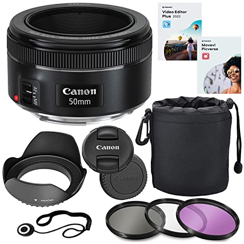 Canon EF 50mm f/1.8 STM Lens Bundle + HD Filter Kit + Lens Cap Keeper + Tulip Lens Hood + Lens Pouch + 5 in 2 Photo/Video Editing Software Package (11 Items)