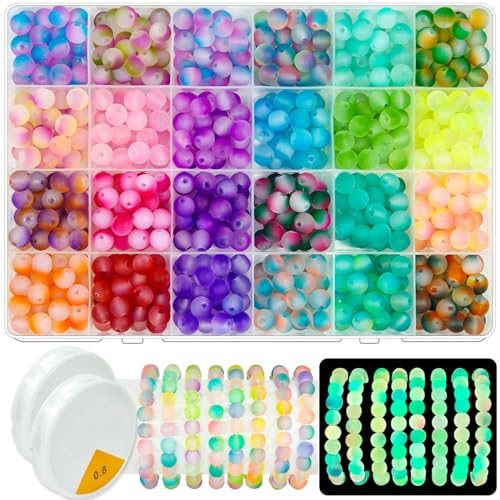 JHYlilia Glow in The Dark Glass Beads for Jewelry Making, 600Pcs 8MM 24 Grids Crystal Gemstone Beads Round Spacer DIY Craft Beads for Bracelet Necklace Earrings Phone Lanyard Wedding Decor