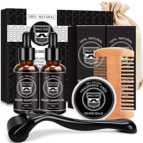 MALE GOD Beard Growth Kit - Beard Kit for Men W/Beard Oil(2 Pack), Beard Balm, Beard Comb - Birthday Gifts for Him Husband Boyfriend Dad, Christmas Gifts Stocking Stuffers for Men