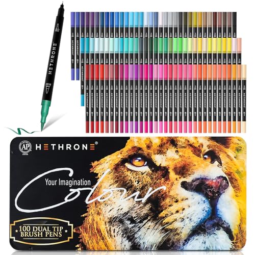 Hethrone Markers for Adult Coloring - 100 Colors Dual Tip Brush Pens Art Markers Set, Fine Tip Markers for Calligraphy Painting Drawing Lettering (100 Colors Black Lion)