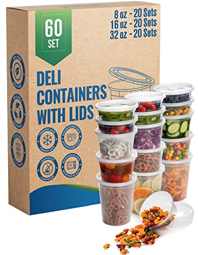 SafeWare Deli Containers with Airtight Lids 60 Set (8oz-20 Set, 16oz-20 Set, 32oz-20 Set) Perfect for Slime, Portion Control, Microwavable, Dishwasher, Freezer Safe, Leakproof, Stackable