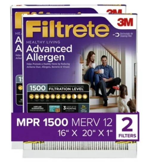 Filtrete 16x20x1 Air Filter MPR 1500 MERV 12, Healthy Living Ultra Allergen, 2-Pack (exact dimensions 15.69x19.81x0.78)