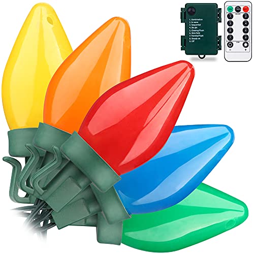 RECESKY C7 Bulbs Christmas String Lights with Remote - 50 LED 24ft Battery String Lights for Outdoor Indoor - Fairy Christmas Lighting for Garland Wreath House Party Xmas Tree Christmas Decorations