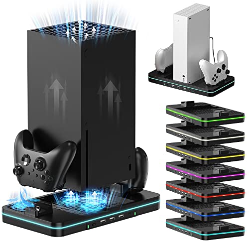 Vertical Cooling and Charging Stand Compatible with Xbox Series X/S Console＆Controller, 7 Color Lights/3 USB Ports, Vertical Dual Controller Charger Station Dock Accessories - 2 Gear Fan Speed