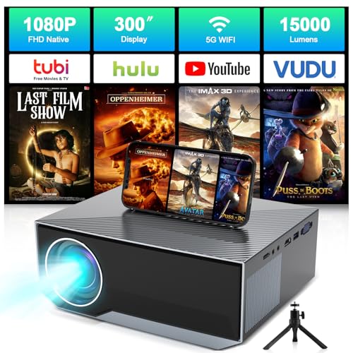 Projector with Wifi and Bluetooth, ZDK Native 1080P FHD 15000Lumens Mini Wifi Bluetooth 4K Projector, 300' Display Movie Outdoor Video Home Projector for phone Compatible with iOS/ Android/ TV Stick