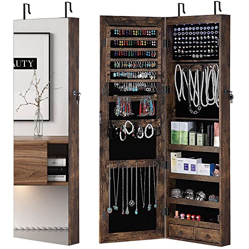 GISSAR Full Length Mirror Jewelry Cabinet, 6 LEDs Jewelry Armoire Wall Mounted Over The Door Hanging, Jewelry Organizer Storage with Lights Lockable, Vintage Brown