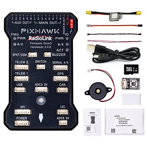 Radiolink PIXHAWK Flight Controller 2.4.8 32 Bit with Power Module, Safety Switch, Buzzer, 4G SD Card, FC for Plane/3-8 Copter/VTOL/Car/Boat/Robot/Mower