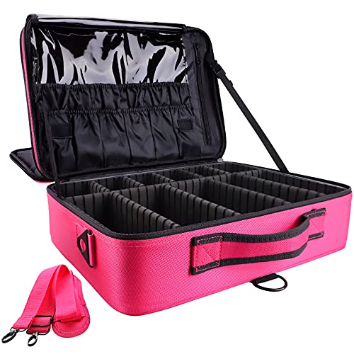 gzcz Professional Travel Makeup Case 16 inches Large Capacity Makeup Train Case Portable Artist Cosmetic Brush Organizer Storage Bag With Adjustable Dividers And Shoulder Strap for Toiletry Jewelry