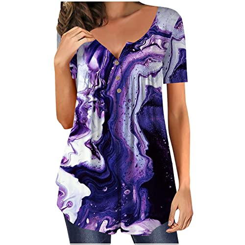 Y2K Camisa Mujer Estampado Manga Corta Camisetas 2023 Verano Moda túnica Camisetas Cuello Redondo Blusa Tela Tshirt UX2-Purple Medium