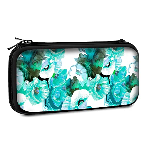 Carrying Case Compatible with Switch 2017 / Switch OLED 2021 Console Joy-Con with 10 Game Card Slots , Poppies pencils turquoise on watercolor texture