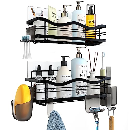 ENIBOE Shower Caddy with 6 Hooks, Adhesive Shower Shelf for inside Shower, Stainless Steel No Drill Rustproof Shower Organizer, Large Capacity Wall Mount Bathroom Caddy Shelves, 2 Pack, Black