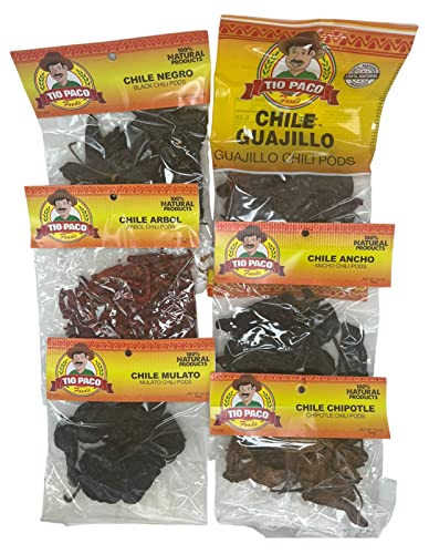 Tio Paco foods - Dried Chile Peppers 6 Pack x 3 oz Bundle - Ancho, Guajillo, Arbol, Mulato, Negro y chipotles chiles - bell peppers fresh - organic bell pepper-mexican chiles.