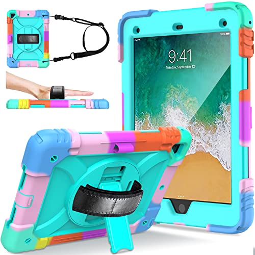 LTROP Protective Cover Case for iPad 6th/ 5th Generation & iPad Air 2 Case, iPad 9.7 Inch Case with Shoulder Strap Pen Holder Swivel Stand, Aqua Teal