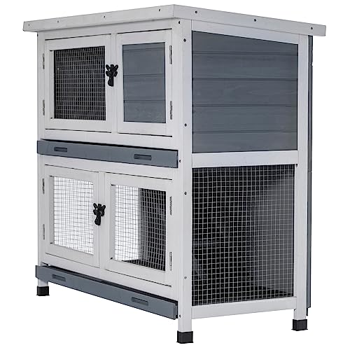 2 Story Solid Wood Rabbit/Bunny Hutch with 2 Large Main Rooms, Indoor Outdoor Rabbit House Guinea Pig Cage Pet House for Small Animals with Ventilation Door Removable Tray Waterproof Roof (Grey)
