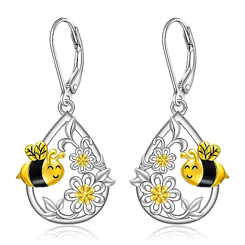 Bee Earrings for Women Dangle Sterling Silver Bumble Bee Earrings Honey Bees Queen Flower Sweet Jewelry Leverback Gifts