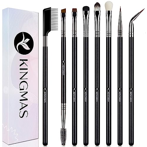 KINGMAS 8 Pieces Eyeliner/Eyeshadow/Eyebrow Brush set, Premium Fine Angled Gel Eye Liner Makeup Brushes, Eyelash Comb Eyelashes Separator, Ultra Thin Point Eyeliner Brushes for Women Girls