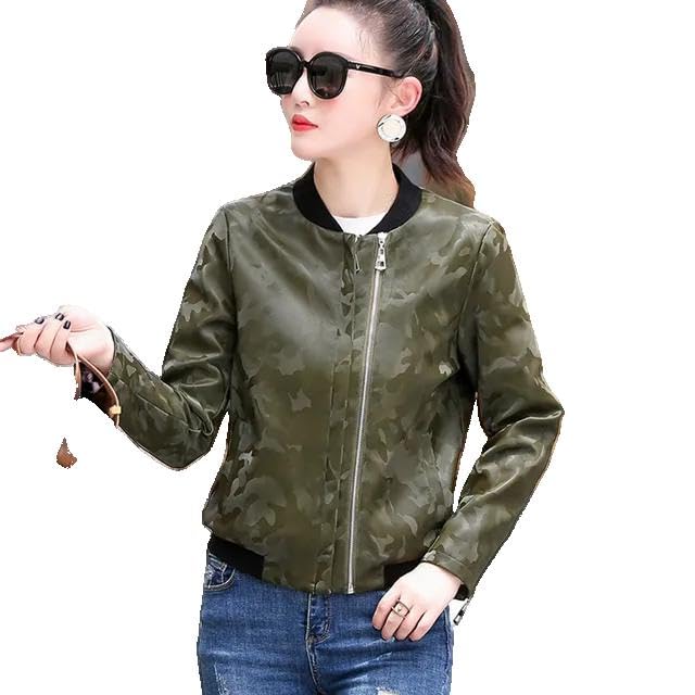 Xingfenly Women Leather Camouflage Baseball Uniform Spring Autumn Splice Stand Collar Short Jacket Loose Casual Coat s2 Green8 XL