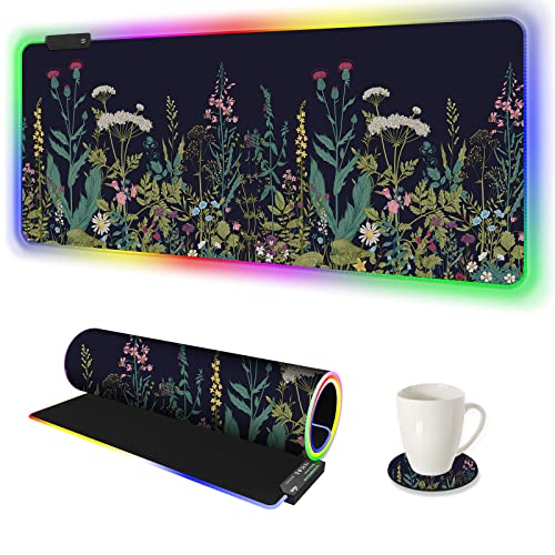 RGB Gaming Mouse Pad Large, AIMSA Keyboard Led Mousepad Extended 35.4 x 15.8 inch Non-Slip Rubber Base with 14 Lighting Modes, Big Desk Mat Waterproof, Flowers Plants