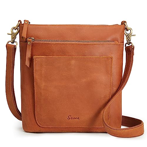 S-ZONE Leather Crossbody Bag for Women Vintage Cross Body Bags Shoulder Purse Ladies Medium Handbag with Multi Pockets