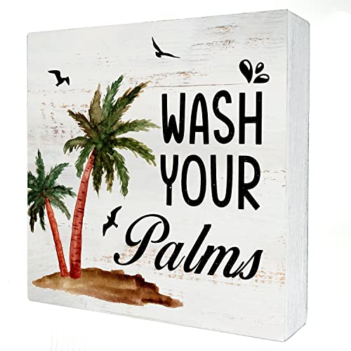 Wash Your Palms Wood Box Sign Home Decor Rustic Bathroom Quote Wooden Box Sign Block Plaque for Wall Tabletop Desk Home Bathroom Decoration 5' x 5'