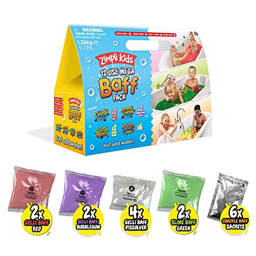 12 Use Mega Value Baff Pack from Zimpli Kids, 4 x Gelli Baff, 2 x Slime Baff & 6 x Crackle Baff, Children's Sensory & Bath Toy, Birthday Presents for Boys & Girls, Certified Biodegradable Gift