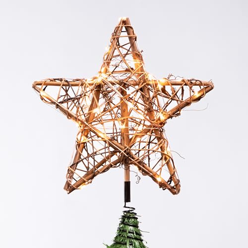 Joiedomi 50 LED Christmas Tree Toppers, Rustic Rattan Star Tree Topper Lighted with Lights for Xmas Tree Decorations, Holiday Party Indoor Decor