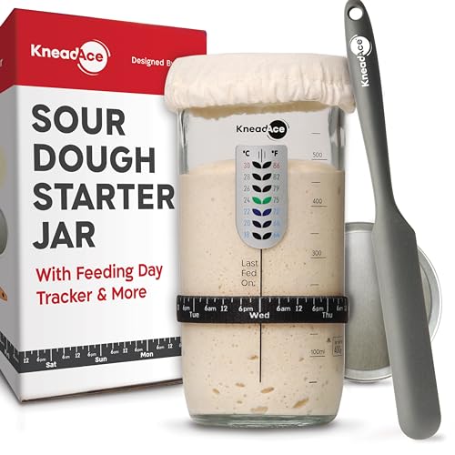 KneadAce Sourdough Starter Jar With Date Marked Feeding Band, Thermometer, Sourdough Fermentation Jar Scraper, Sewn Cloth Cover & Metal Lid, Sourdough Starter Kit