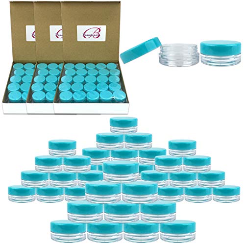 (200 Pieces Jars + Lid) Beauticom 3G/3ML Round Clear Jars with TEAL Sky Blue Screw Cap Lids for Scrubs, Oils, Toner, Salves, Creams, Lotions, Makeup Samples, Lip Balms - BPA Free