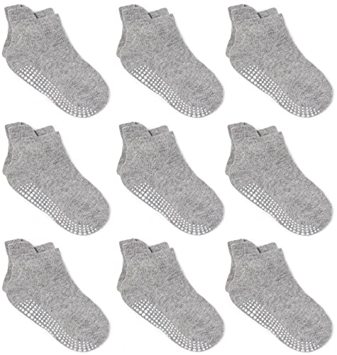 ZAPLES Baby Non Slip Grip Ankle Socks with Non Skid Soles for Infants Toddlers Kids Boys Girls, Gray, 12-36 Months