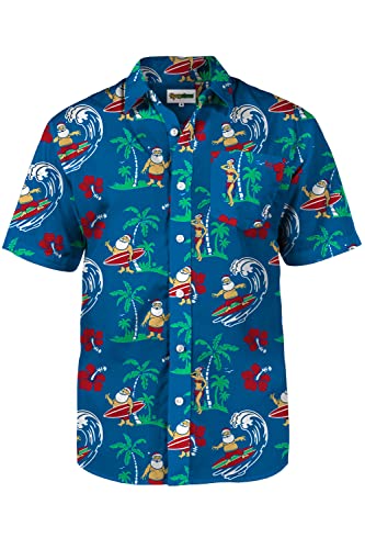 Tipsy Elves Christmas Aloha Shirt Surf's Up Santa Blue Short Sleeve Button Down for Men Size Large