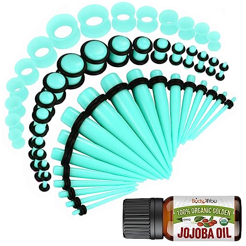 BodyJ4You 54PC Ear Stretching Kit 14G-12mm - Aftercare Jojoba Oil - Transparent Turquoise Acrylic Plugs Gauge Tapers Silicone Tunnels - Lightweight Expanders Men Women