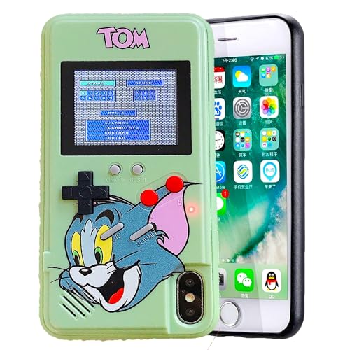 Haoyibao Retro Game Console Case for iPhone X/XS,USB Self-Powered Game Cover with 36 Childhood Classic Mini Games,Full Color Display,PC Soft Silicone Shockproof Phone Case,Green Tom Cat