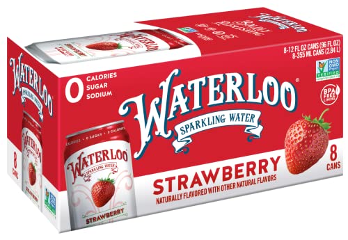 Waterloo Strawberry Sparkling Water - Organic - 8 Pack x 355ml - 0 Sugar, 0 Calories, 0 Sodium,Non-GMO, Gluten Free, BPA Free, Vegan,Whole30, Kosher, No Artificial Sweetener, Soda & Tonic Replacement