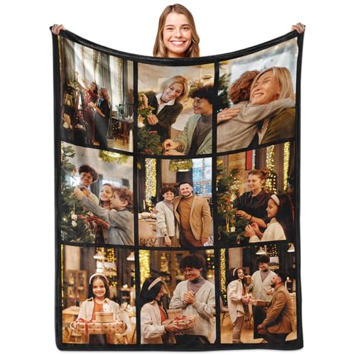 Yoke Style Custom Blanket with Picture, Customized Throw Photo Blankets Personalized Birthday Gifts for Women, Mother in Law, Grandma Family Anniversary Christmas - 9 Photos Collage